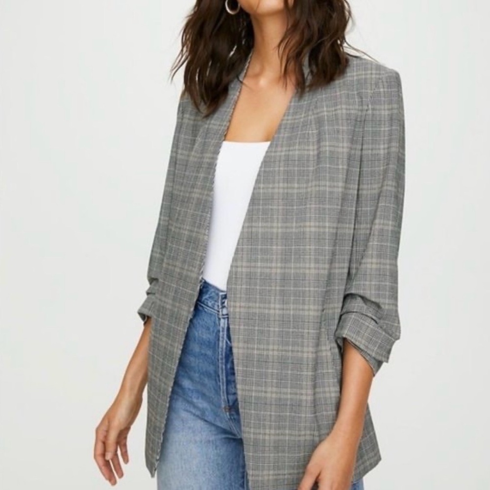 Aritzia Gray Plaid Open-Front Blazer
